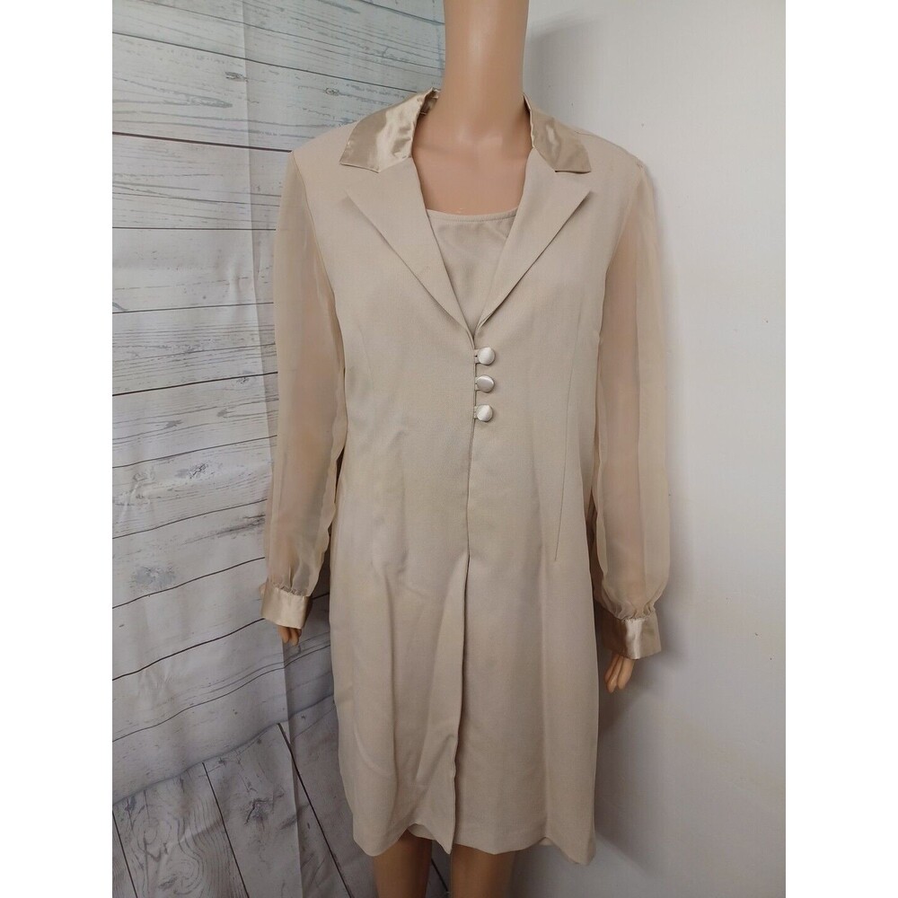Vtg Helene Blake 2pc Beige sheer Crepe dress Suit Long Jacket Petite Sz 16P